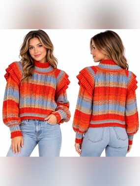 Something Navy Ruffle Mock Neck Sweater Striped Wool Blend Sweater Size Medium